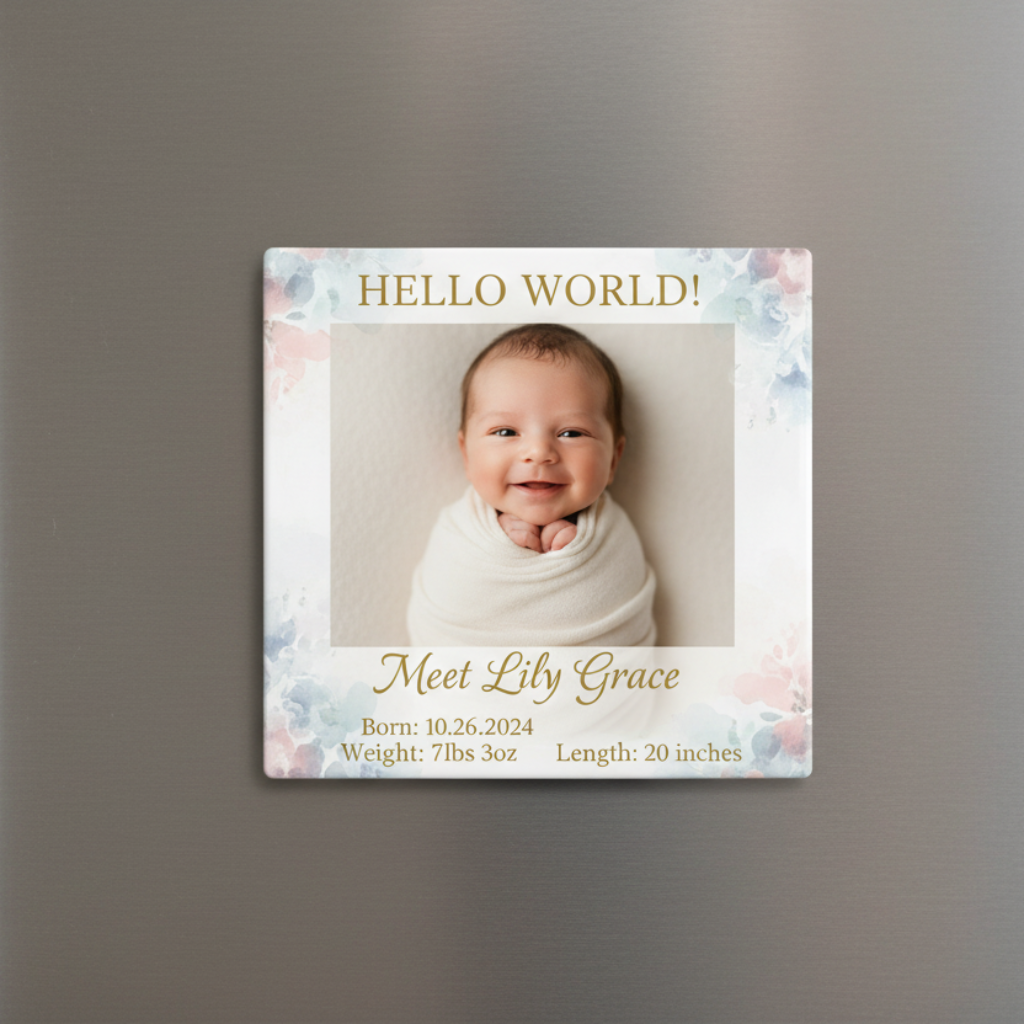 Close-up of square-edged birth announcement magnet