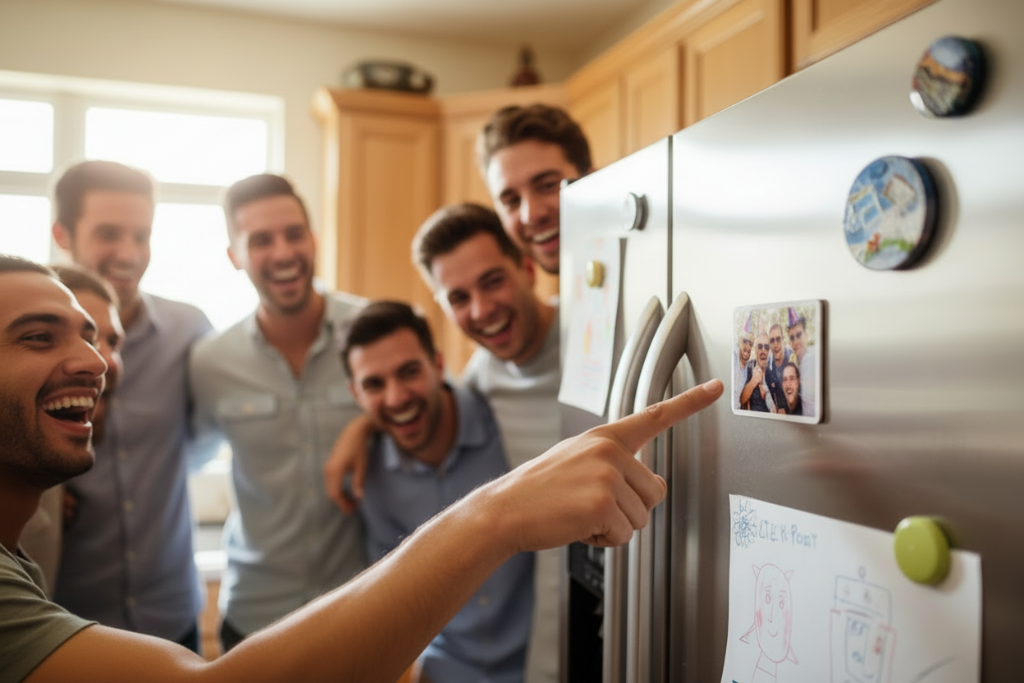 Guys looking at bachelor party magnet - no arrow