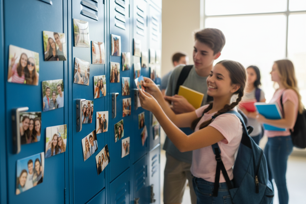 Students with magnets on lockers