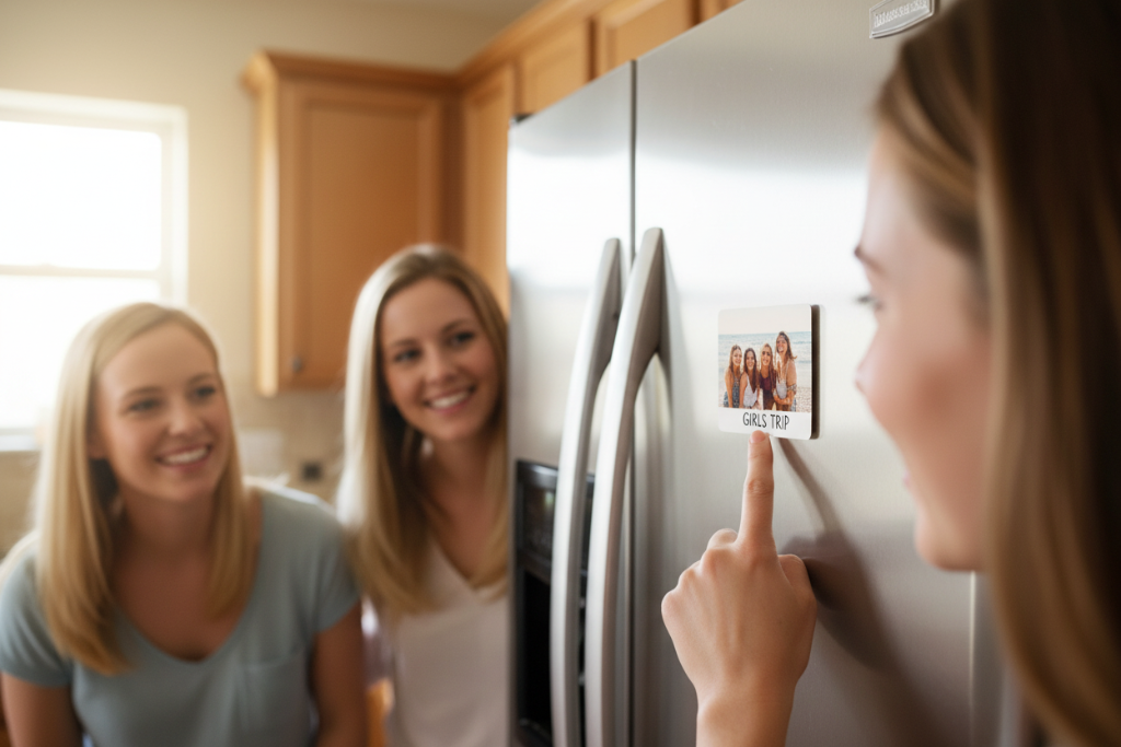 Women pointing at aligned magnet